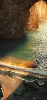 Golden sunlight through a beach cave with waves crashing gently.