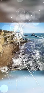 Beach and ocean view with a cracked glass effect overlay.