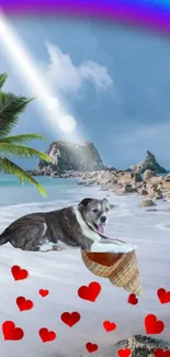 Dog on a fantasy beach with hearts and seashells under a blue sky.