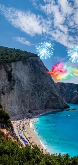 Fireworks burst over a scenic beach with turquoise waters.