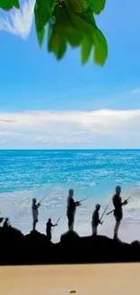 Tropical beach with fishermen silhouette and lush green leaves.