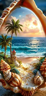 Beach scene with palm trees inside a seashell frame at sunset.