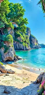 A breathtaking scenic view of a tropical beach surrounded by lush cliffs and blue waters.