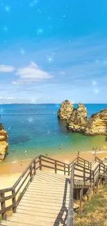 Scenic beach view with azure ocean and wooden path under a starry blue sky.