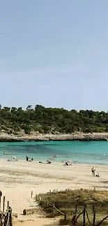 Pathway leading to a scenic beach with azure waters and clear sky.