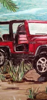 Red jeep on a tropical beach with palm trees and ocean in background.