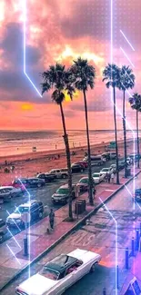 Beautiful beach with sunset, palm trees, and cars on a coastal road.