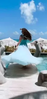 Woman in blue dress twirling on a beachside dock under clear blue skies.