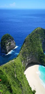 Tropical beach with blue ocean and green cliffs, perfect for nature wallpaper.