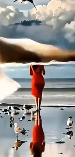 Woman in red dress walking on beach with seagulls and cloudy sky.