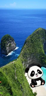 Scenic beach with green cliffs and a cute cartoon panda.