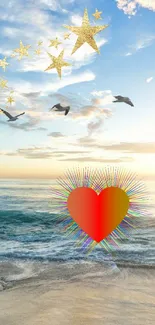 Beach with heart graphic and birds flying under a bright sky.