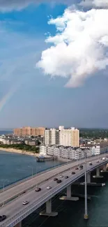 Beachfront bridge with a rainbow arch.