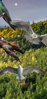 Birds flying over a green forest with mountain view.