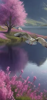 A peaceful lake with a bird flying over pink blossoms