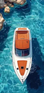 Boat floating in clear blue waters with rocky surroundings.