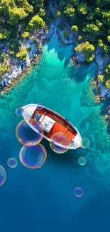 Boat on turquoise water surrounded by lush greenery.