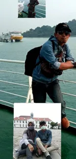 Traveler on a boat enjoying sea view with distant shores and ferry in background.