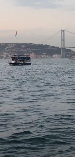 Scenic view of Bosphorus Bridge over calm waters at dusk in Istanbul.