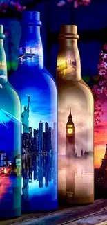 Artistic bottles with iconic city landmarks.