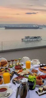 Seaside breakfast with ships and sunrise view.