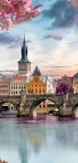 Scenic view of a historic bridge, vibrant city with cherry blossoms and blue sky.