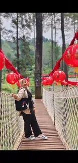 Woman on scenic bridge with red lanterns