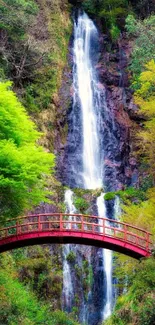 Scenic green forest with a red bridge and waterfall.