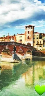 Historic bridge with green heart icon on calm river background.