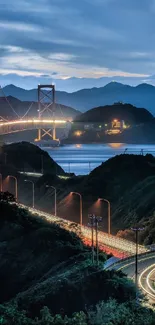 Stunning nighttime view of winding bridge over serene waters.