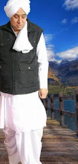 Person in traditional attire on a scenic wooden bridge with mountains and blue sky.