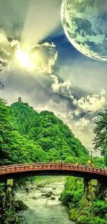 A scenic bridge over a river with a glowing moon and lush green trees.