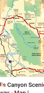 Colorful map of Hells Canyon Scenic Byway with marked routes and landmarks.