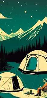 Scenic camping night illustration with tents and mountains in teal and yellow tones.