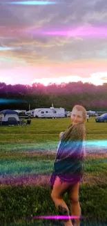 Vibrant sunset over a lively campsite.