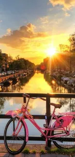 Breathtaking sunset over a canal with bicycles and vibrant flowers.