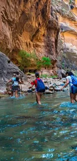 Hikers explore a serene canyon with a clear blue-green river.