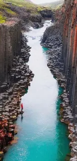 Turquoise river flowing between tall canyon walls.