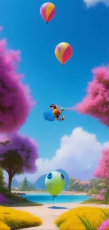 Colorful cartoon landscape with balloons.