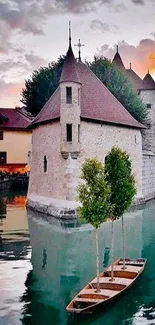 Castle on tranquil waters with a colorful sunset sky.