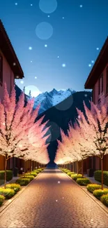 Cherry blossom path with mountain view under twilight sky.