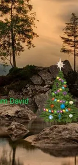 Scenic Christmas tree in a tranquil landscape.