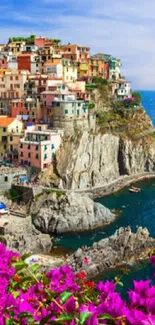 Vibrant coastal view of Cinque Terre with purple flowers and azure sea.