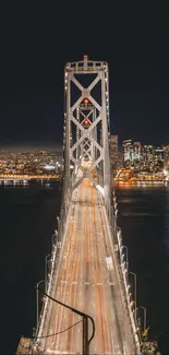 Night view of a city bridge over water, illuminated beautifully.