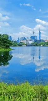 Vibrant city skyline and lake reflection wallpaper.