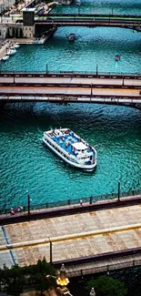 Beautiful river view with boats and bridges in a bustling cityscape.