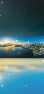 Scenic cityscape wallpaper with sunset and stars over water.