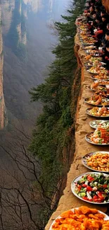 Diners on a cliffside with scenic view and vibrant dishes.