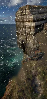 Scenic view of a cliff and ocean with sparkling effects.