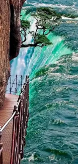 Scenic pathway alongside a turquoise waterfall cascading down a cliff.